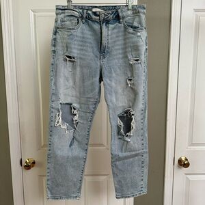 eunina Tobi Super High Rise Mom Crop Jeans, Distrissed Light Blue Wash, Size 15